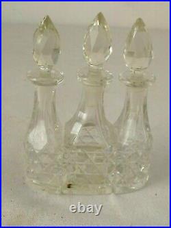 3 Antique Crystal Perfume Bottles in a Jeweled Brass Holder