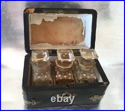 3 Antique Vintage Glass Perfume Bottles Gold Paint Set Original Wooden Box