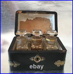3 Antique Vintage Glass Perfume Bottles Gold Paint Set Original Wooden Box