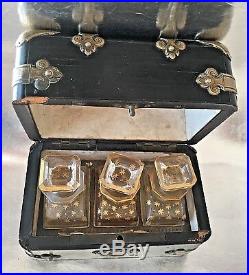 3 Antique Vintage Perfume Bottles Set Original Wooden Box