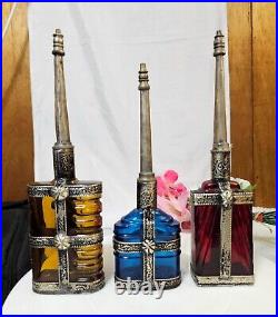 3 Antique Vtg Moroccan Style Glass Perfume Bottle Sprinkler w Emb/ Metal Overlay