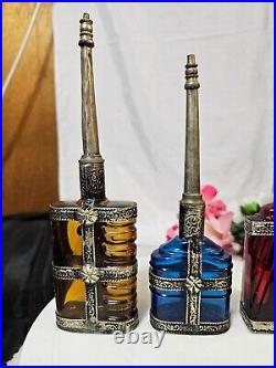 3 Antique Vtg Moroccan Style Glass Perfume Bottle Sprinkler w Emb/ Metal Overlay