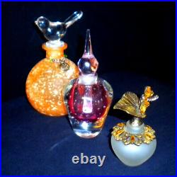 3 Beautiful Vintage Art Glass Perfume Bottles With Stoppers, Pink, Metal & Clear