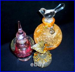 3 Beautiful Vintage Art Glass Perfume Bottles With Stoppers, Pink, Metal & Clear