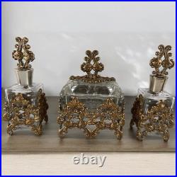 3 Pc Vintage Ormolu Vanity Set Perfume Bottles & Powder Jar Hollywood Regency