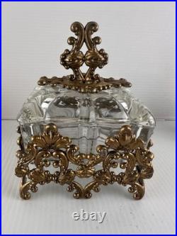 3 Pc Vintage Ormolu Vanity Set Perfume Bottles & Powder Jar Hollywood Regency