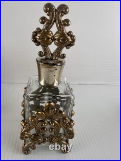 3 Pc Vintage Ormolu Vanity Set Perfume Bottles & Powder Jar Hollywood Regency