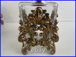 3 Pc Vintage Ormolu Vanity Set Perfume Bottles & Powder Jar Hollywood Regency