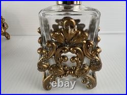 3 Pc Vintage Ormolu Vanity Set Perfume Bottles & Powder Jar Hollywood Regency