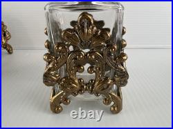 3 Pc Vintage Ormolu Vanity Set Perfume Bottles & Powder Jar Hollywood Regency