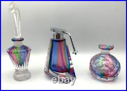 3 Rainbow Glass Crystal Perfume Bottles West Germany Bohemian Art Deco Vintage