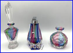 3 Rainbow Glass Crystal Perfume Bottles West Germany Bohemian Art Deco Vintage