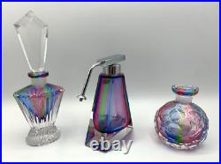 3 Rainbow Glass Crystal Perfume Bottles West Germany Bohemian Art Deco Vintage