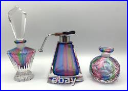 3 Rainbow Glass Crystal Perfume Bottles West Germany Bohemian Art Deco Vintage
