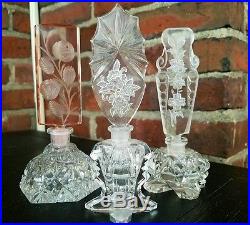 3 Vintage Czechoslovakian Cut Crystal Perfume Bottles Pink Stopper Dauber