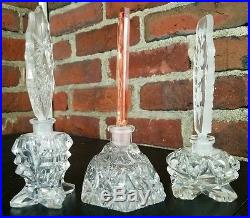 3 Vintage Czechoslovakian Cut Crystal Perfume Bottles Pink Stopper Dauber