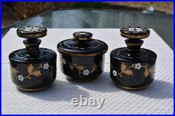 3 Vintage Art Deco Czech Bohemian Black Glass Enamel Flower Vanity Set