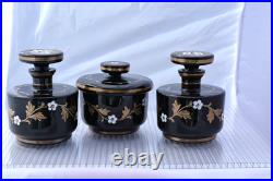 3 Vintage Art Deco Czech Bohemian Black Glass Enamel Flower Vanity Set