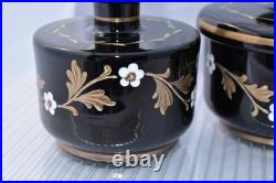 3 Vintage Art Deco Czech Bohemian Black Glass Enamel Flower Vanity Set