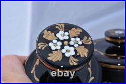 3 Vintage Art Deco Czech Bohemian Black Glass Enamel Flower Vanity Set
