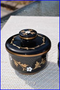 3 Vintage Art Deco Czech Bohemian Black Glass Enamel Flower Vanity Set