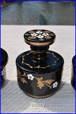 3 Vintage Art Deco Czech Bohemian Black Glass Enamel Flower Vanity Set
