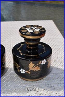 3 Vintage Art Deco Czech Bohemian Black Glass Enamel Flower Vanity Set