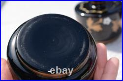 3 Vintage Art Deco Czech Bohemian Black Glass Enamel Flower Vanity Set