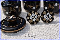 3 Vintage Art Deco Czech Bohemian Black Glass Enamel Flower Vanity Set