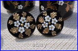 3 Vintage Art Deco Czech Bohemian Black Glass Enamel Flower Vanity Set