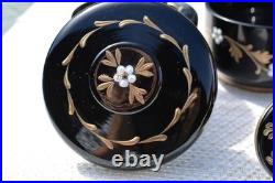 3 Vintage Art Deco Czech Bohemian Black Glass Enamel Flower Vanity Set