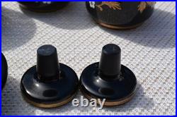 3 Vintage Art Deco Czech Bohemian Black Glass Enamel Flower Vanity Set