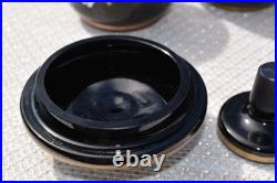 3 Vintage Art Deco Czech Bohemian Black Glass Enamel Flower Vanity Set