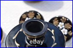 3 Vintage Art Deco Czech Bohemian Black Glass Enamel Flower Vanity Set