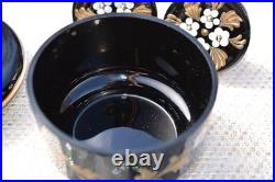 3 Vintage Art Deco Czech Bohemian Black Glass Enamel Flower Vanity Set