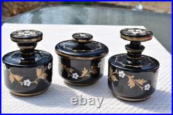 3 Vintage Art Deco Czech Bohemian Black Glass Enamel Flower Vanity Set
