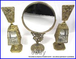 3-pc Vintage Gold & Glass Ormolu Large Perfume Bottles & 2-sided Vanity Mirror