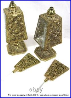 3-pc Vintage Gold & Glass Ormolu Large Perfume Bottles & 2-sided Vanity Mirror