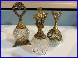 3 vintage Matson Ormolu perfume bottles, butterfly, heart, bird with flower
