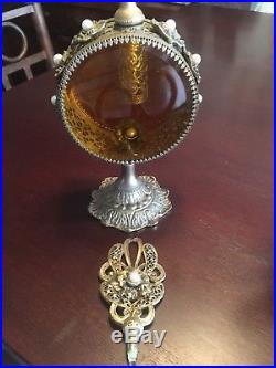7 Pc Vintage Ornate Ormolu Filigree Amber Glass Perfume Bottles Vanity Set Wow