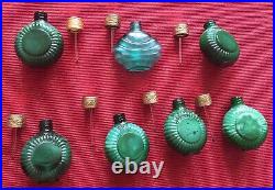 7Antique Small GREEN Vintage Bottles from Czech Glass Handmade in 1930s-1960s
