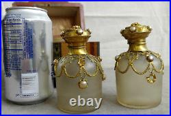 ANT Victorian Jewelry Beaded Filigree Perfum Bottles Wood Marquetry Box Vanity