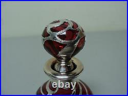 ANTIQUE ART NOUVEAU CRANBERRY GLASS PERFUME BOTTLE with STERLING SILVER OVERLAY