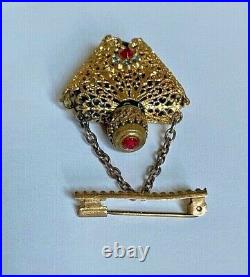 ANTIQUE DEEP RED CAGED HEART PERFUME BOTTLE CHATELAINE BROOCH c1910's