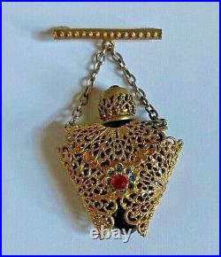 ANTIQUE DEEP RED CAGED HEART PERFUME BOTTLE CHATELAINE BROOCH c1910's