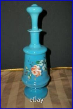 ANTIQUE FRENCH BLUE OPALINE GLASS PERFUME BOTTLE PONTIL ENAMEL FLOWERS 1880's
