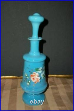 ANTIQUE FRENCH BLUE OPALINE GLASS PERFUME BOTTLE PONTIL ENAMEL FLOWERS 1880's