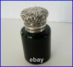 ANTIQUE PERFUME SCENT BOTTLE SOLID SILVER LID AND STOPPER DARK GREEN GLASS c1890
