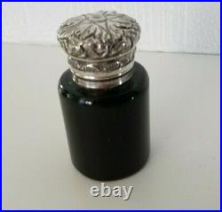 ANTIQUE PERFUME SCENT BOTTLE SOLID SILVER LID AND STOPPER DARK GREEN GLASS c1890