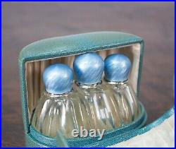 ANTIQUE SILVER AND ENAMEL CRYSTAL PERFUME BOTTLES in Fitted Leather Case